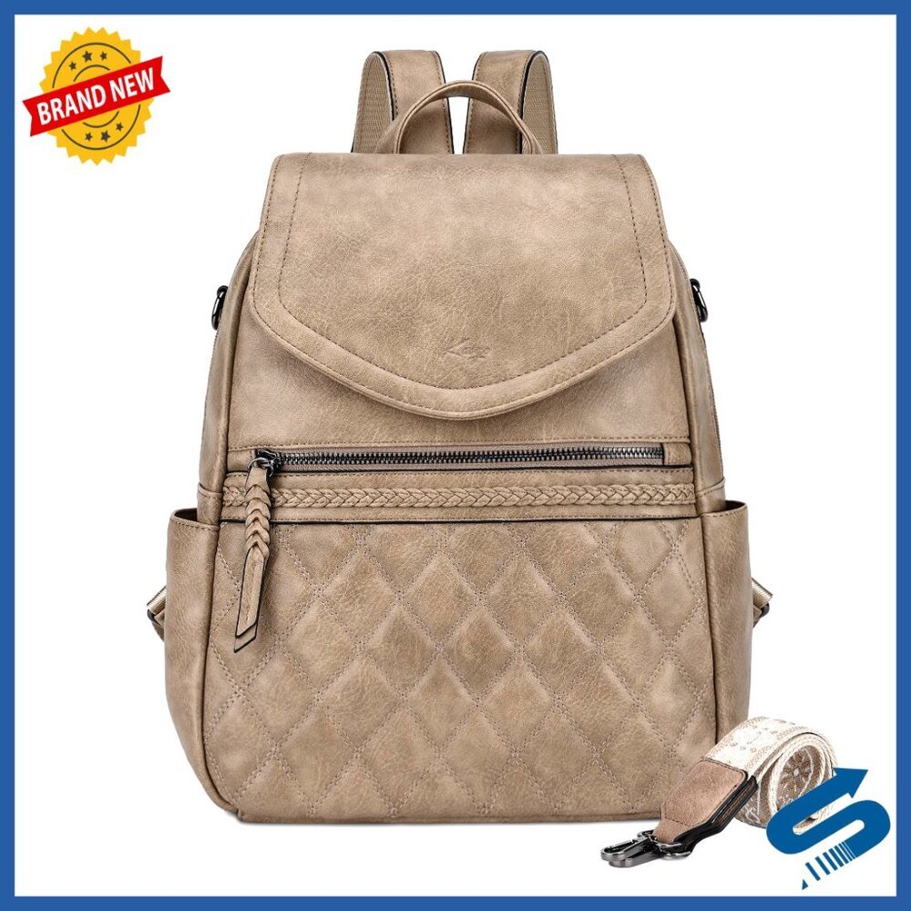 Vegan Leather Convertible Backpack Purse Quilted Flap Design Multi-Pocket